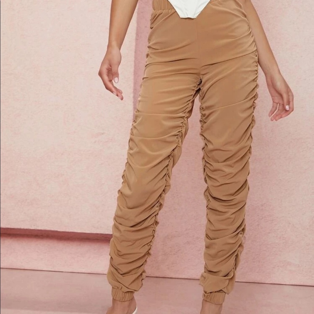 High Waist Tan Ruched Leg Pants Tall